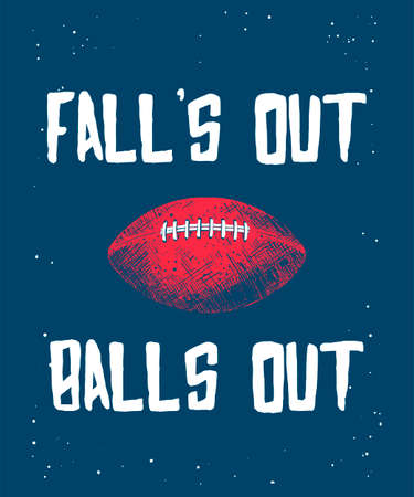 Vector engraved style illustration for posters, decoration and print. Hand drawn sketch of american football ball with modern typography on blue background. Detailed vintage etching style drawing.のイラスト素材