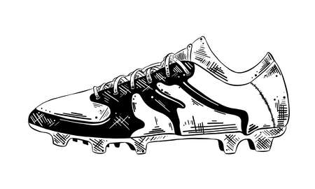 Vector engraved style illustration for posters, decoration and print. Hand drawn sketch of soccer shoe in black isolated on white background. Detailed vintage etching style drawing.のイラスト素材
