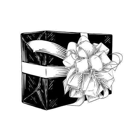 Vector engraved style illustration for posters, decoration and print. Hand drawn sketch of gift box in black isolated on white background. Detailed vintage etching style drawing.のイラスト素材