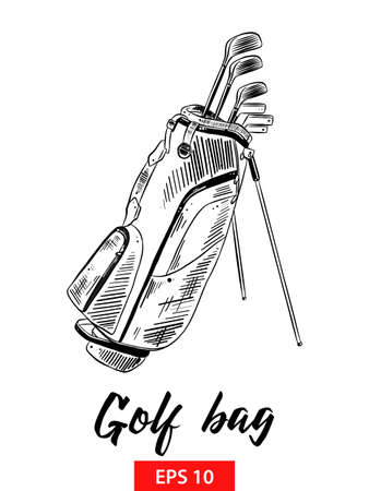 Vector engraved style illustration for posters, decoration and print. Hand drawn sketch of golf bag in black isolated on white background. Detailed vintage etching style drawing.のイラスト素材