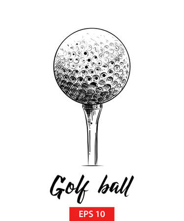 Vector engraved style illustration for posters, decoration and print. Hand drawn sketch of golf ball in black isolated on white background. Detailed vintage etching style drawing.のイラスト素材
