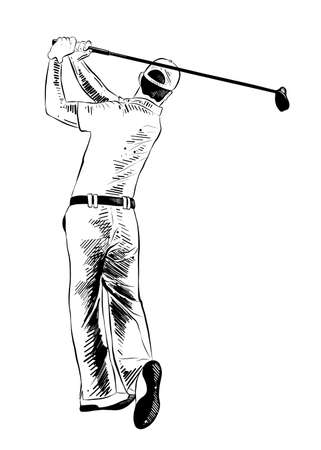 Vector engraved style illustration for posters, decoration and print. Hand drawn sketch of golfer in black isolated on white background. Detailed vintage etching style drawing.のイラスト素材