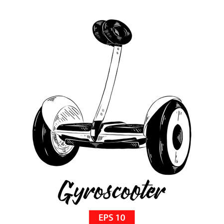 Vector engraved style illustration for posters, decoration and print. Hand drawn sketch of gyroscooter in black isolated on white background. Detailed vintage etching style drawing.のイラスト素材