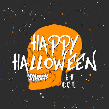 Vector engraved style illustration for posters, decoration and print. Hand drawn sketch of skull with modern typography text. Detailed vintage etching style drawing, Halloween card for invitation.のイラスト素材