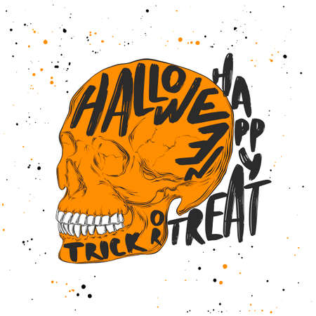 Vector engraved style illustration for posters, decoration and print. Hand drawn sketch of skull with modern typography text. Detailed vintage etching style drawing, Halloween card for invitation.のイラスト素材
