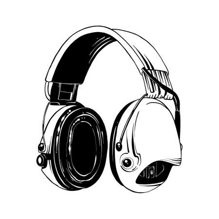 Vector engraved style illustration for posters, decoration and print. Hand drawn sketch of headphones in black isolated on white background. Detailed vintage etching style drawing.のイラスト素材