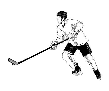 Vector engraved style illustration for posters, decoration and print. Hand drawn sketch of hockey player in black isolated on white background. Detailed vintage etching style drawing.のイラスト素材