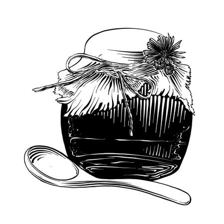 Vector engraved style illustration for posters, decoration and print. Hand drawn sketch of honey jar with wooden spoon in black isolated on white background. Detailed vintage etching style drawing.のイラスト素材