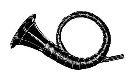 Vector engraved style illustration for posters, decoration and print. Hand drawn sketch of hunting horn in black isolated on white background. Detailed vintage etching style drawing.のイラスト素材
