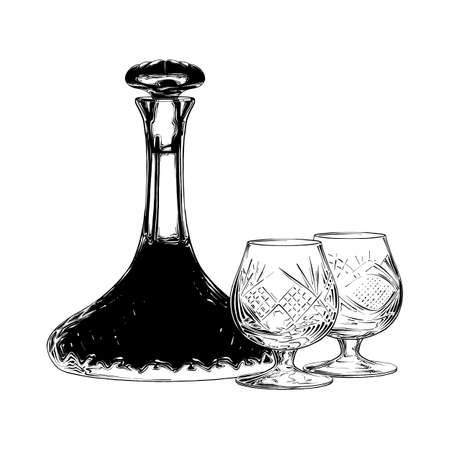 Vector engraved style illustration for posters, decoration and print. Hand drawn sketch of Jewish wine in black isolated on white background. Detailed vintage etching style drawing.のイラスト素材