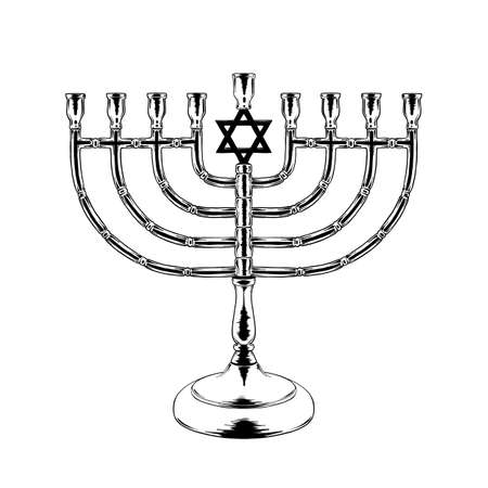 Vector engraved style illustration for posters, decoration and print. Hand drawn sketch of Jewish candlesticks in black isolated on white background. Detailed vintage etching style drawing.のイラスト素材