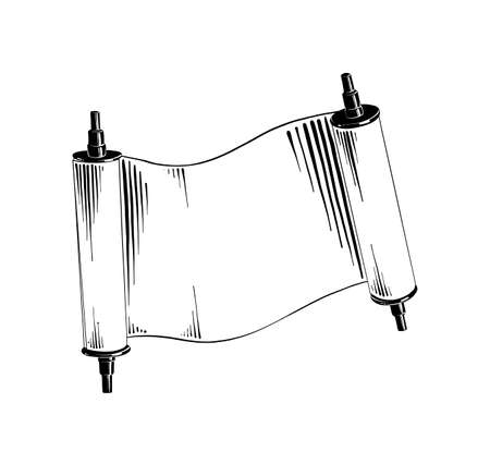 Vector engraved style illustration for posters, decoration and print. Hand drawn sketch of Jewish scroll in black isolated on white background. Detailed vintage etching style drawing.のイラスト素材