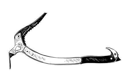 Vector engraved style illustration for posters, decoration and print. Hand drawn sketch of ice axe in black isolated on white background. Detailed vintage etching style drawing.のイラスト素材