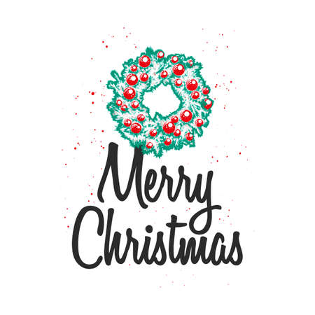 Vector engraved style illustration with typography for posters, decoration and print. Hand drawn sketch Christmas and New Year holiday on white background. Detailed vintage etching drawing.のイラスト素材