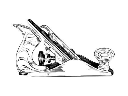 Vector engraved style illustration for posters, decoration and print. Hand drawn sketch of jointer tool in black isolated on white background. Detailed vintage etching style drawing.のイラスト素材