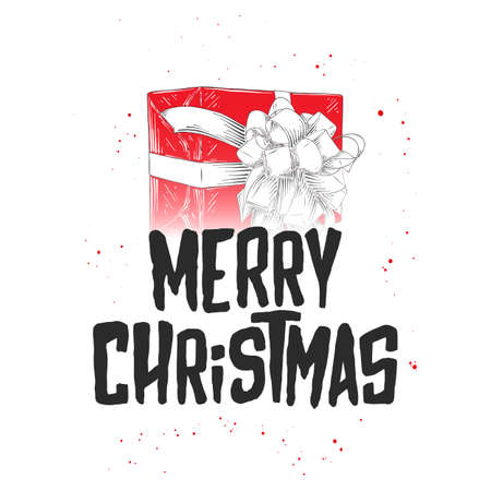 Vector engraved style illustration with typography for posters, decoration and print. Hand drawn sketch Christmas and New Year holiday on white background. Detailed vintage etching drawing.のイラスト素材