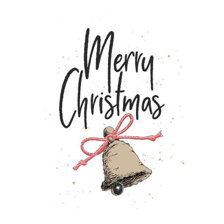 Vector engraved style illustration with typography for posters, decoration and print. Hand drawn sketch Christmas and New Year holiday on white background. Detailed vintage etching drawing.のイラスト素材