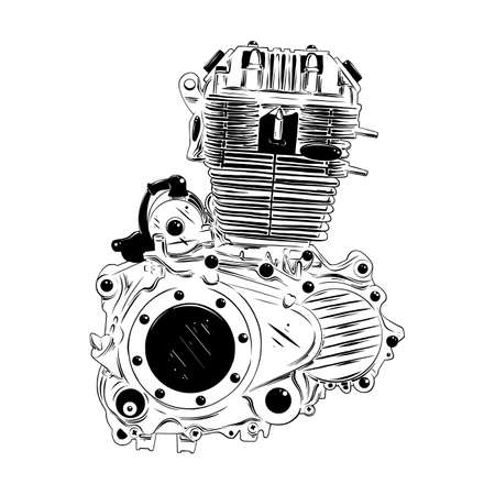 Vector engraved style illustration for posters, decoration and print. Hand drawn sketch of moto engine in black isolated on white background. Detailed vintage etching style drawing.のイラスト素材
