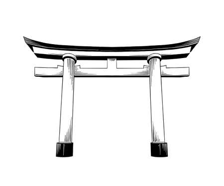 Vector engraved style illustration for posters, decoration and print. Hand drawn sketch of japanese torii gate isolated on white background. Detailed vintage etching drawing.のイラスト素材