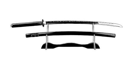 Vector engraved style illustration for posters, decoration and print. Hand drawn sketch of japanese katana sword isolated on white background. Detailed vintage etching drawing.のイラスト素材