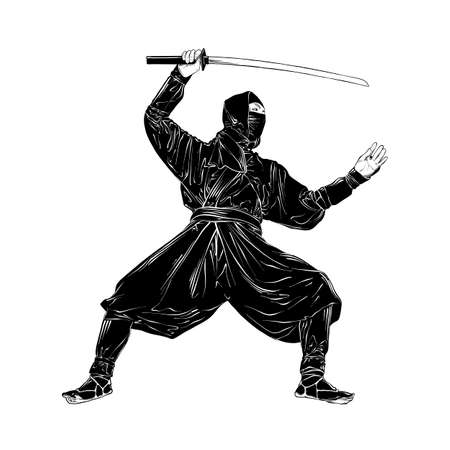 Vector engraved style illustration for posters, decoration and print. Hand drawn sketch of japanese ninja isolated on white background. Detailed vintage etching drawing.のイラスト素材