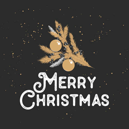 Vector engraved style illustration with typography for posters, decoration and print. Hand drawn sketch Christmas and New Year holiday on dark background. Detailed vintage etching drawing.のイラスト素材