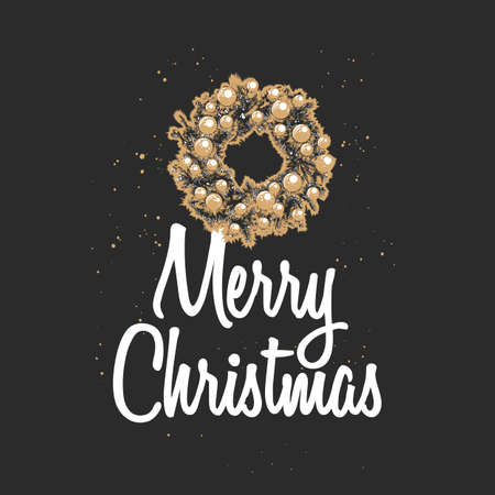 Vector engraved style illustration with typography for posters, decoration and print. Hand drawn sketch Christmas and New Year holiday on dark background. Detailed vintage etching drawing.のイラスト素材