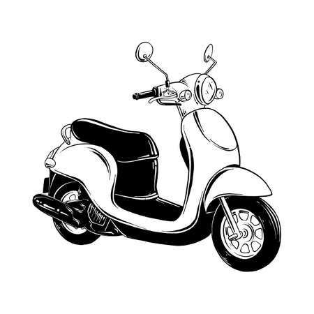 Vector engraved style illustration for posters, decoration and print. Hand drawn sketch of scooter in black isolated on white background. Detailed vintage etching style drawing.のイラスト素材