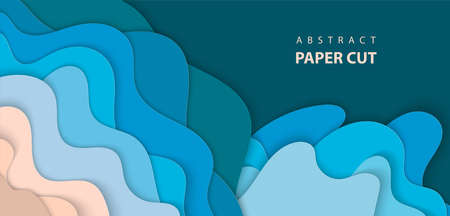 Vector background with deep blue and beige colors paper cut shapes. 3D abstract paper art style, design layout for business presentations, flyers, posters, prints, decoration, cards, brochure cover.のイラスト素材