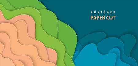Vector background with blue, green and beige colors paper cut shapes. 3D abstract paper art style, design layout for business presentations, flyers, posters, prints, decoration, cards, brochure cover.のイラスト素材