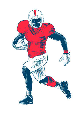 Vector engraved style illustration for posters, decoration and print. Hand drawn sketch of american football player in colorful isolated on white background. Detailed vintage etching style drawing.のイラスト素材