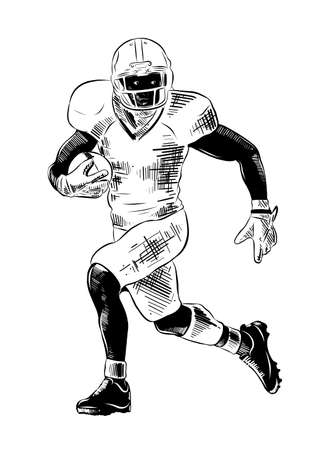 Vector engraved style illustration for posters, decoration and print. Hand drawn sketch of american football player in black isolated on white background. Detailed vintage etching style drawing.のイラスト素材