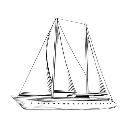 Vector engraved style illustration for posters, decoration and print. Hand drawn sketch of sea ship in black isolated on white background. Detailed vintage etching style drawing.のイラスト素材