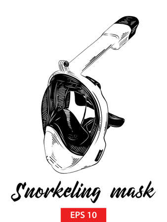 Vector engraved style illustration for posters, decoration and print. Hand drawn sketch of snorkeling mask in black isolated on white background. Detailed vintage etching style drawing.のイラスト素材