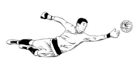 Vector engraved style illustration for posters, decoration and print. Hand drawn sketch of soccer player goalkeeper in black isolated on white background. Detailed vintage etching style drawing.のイラスト素材