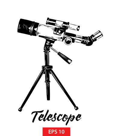 Vector engraved style illustration for posters, decoration and print. Hand drawn sketch of telescope in black isolated on white background. Detailed vintage etching style drawing.のイラスト素材