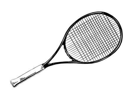 Vector engraved style illustration for posters, decoration and print. Hand drawn sketch of tennis racket in black isolated on white background. Detailed vintage etching style drawing.のイラスト素材