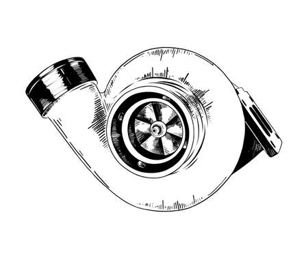 Vector engraved style illustration for posters, decoration and print. Hand drawn sketch of car turbine in black isolated on white background. Detailed vintage etching style drawing.のイラスト素材