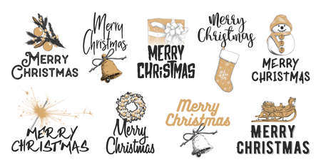 Vector engraved style illustrations with typography for posters, decoration and print. Hand drawn sketch set Christmas and New Year holiday on white background. Detailed vintage etching drawing.のイラスト素材