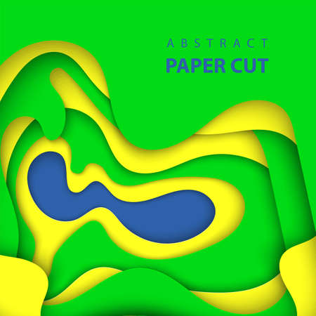 Vector background with brazilian flag colors paper cut shapes. 3D abstract paper art style, design layout for business presentations, flyers, posters, prints, decoration, cards, brochure cover.のイラスト素材