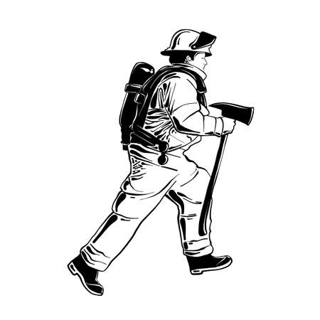 Vector engraved style illustration for posters, logo or emblem. Hand drawn sketch of firefighter or fireman in uniform isolated on white background. Detailed vintage etching style drawing.のイラスト素材
