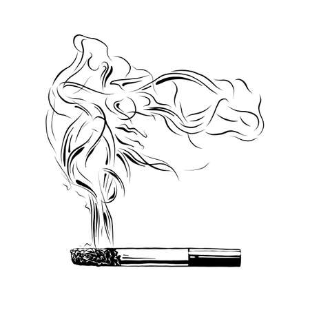 Vector engraved style illustration for posters, logo, emblem, decoration and print. Hand drawn sketch of burning cigarette in black isolated on white background. Detailed vintage etching style.のイラスト素材