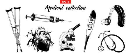 Vector engraved style illustration for posters, decoration and print. Hand drawn sketch set of medical equipment and elements isolated on white background. Detailed vintage etching drawing.のイラスト素材
