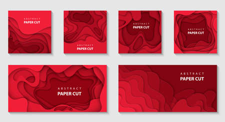 Vector set of 6 Christmas backgrounds with gradient colors paper cut shapes. 3D abstract paper style, design layout for business presentations, flyers, posters, prints, decoration, cards, brochure.のイラスト素材