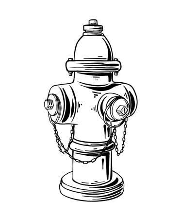 Vector engraved style illustration for posters, logo, label or emblem. Hand drawn sketch of hydrant or fireplug isolated on white background. Detailed vintage etching style drawing.のイラスト素材
