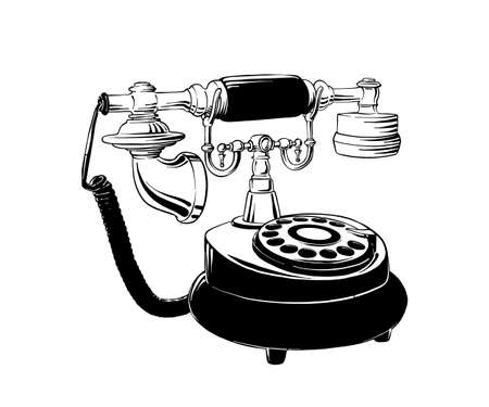 Vector engraved style illustration for posters, decoration, logo, emblem and print. Hand drawn sketch of retro phone in black isolated on white background. Detailed vintage etching style drawing.のイラスト素材