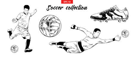 Vector engraved style illustration for logo, emblem, label or poster. Hand drawn sketch set of soccer football players, shoe and ball isolated on white background. Detailed vintage doodle drawing.のイラスト素材