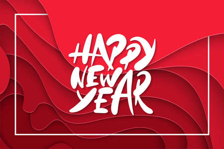 Vector background with deep red color paper cut shapes. 3D abstract Happy New Year 2019 lettering, design layout for greeting cards, posters, prints, decoration, banners.のイラスト素材