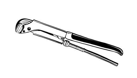 Vector engraved style illustration for posters, logo, emblem, decoration and print. Hand drawn sketch of adjustable wrench, plumbing tool on white background. Detailed vintage etching style drawing.のイラスト素材