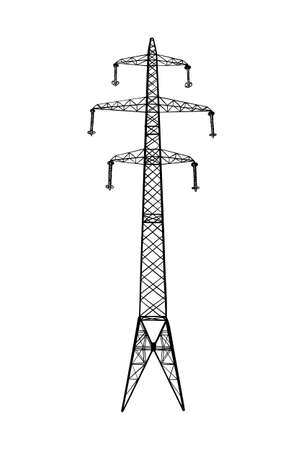Vector engraved style illustration for posters, logo, emblem, decoration and print. Hand drawn sketch of high voltage power pylon isolated on white background. Detailed vintage etching style.のイラスト素材